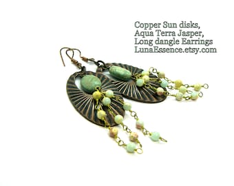 Copper Sunbursts Chandelier light Aqua Terra Jasper long dangling earrings