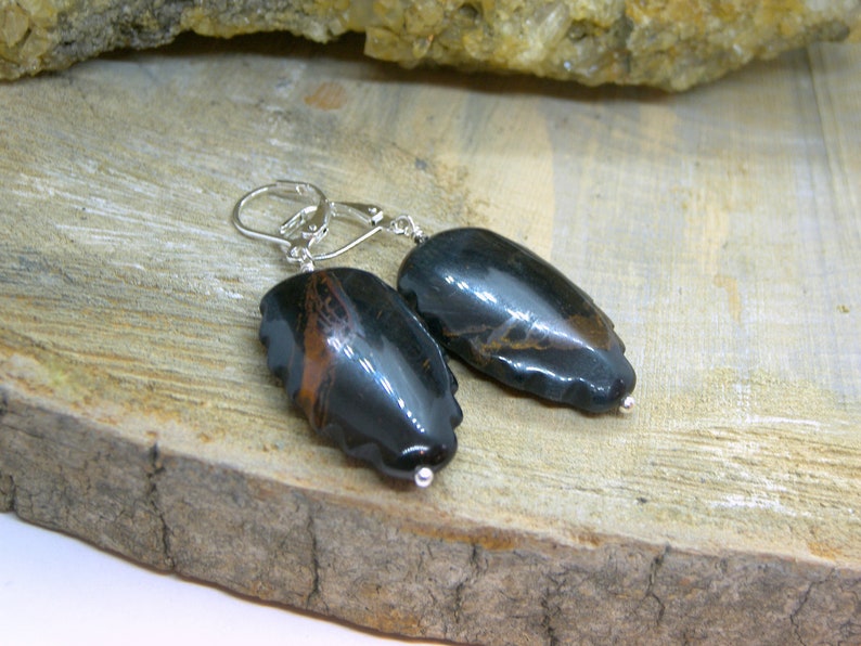 Leaf Shaped Blue Hawk Eye Earrings, blue tiger eye, lever back, jewelry sales, gifts for her, jewelry sale, handcrafted gifts, handmade jewelry