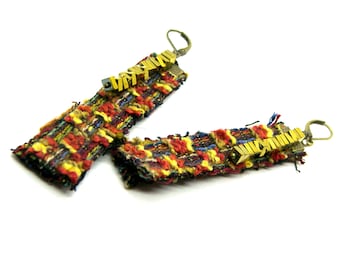 In Tattered form Fiber Art Textile Earrings Golden Hematite square dangles