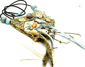 Coastal Fiber Art Pendant Necklace, Sea Shell & Czech Bead Bib