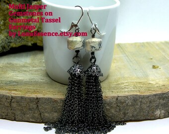 Gemstone Jasper Gunmetal Tassel long chain Earrings, 3 inches, black, gift for her, handmade earrings, jewelry trends, gift ideas, fashion