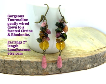Gemstone dangle Earrings, Citrine, Tourmaline, Rhodonite, wired jewelry trending, on sale, gifts for mom, gift for wife, mothers day gift