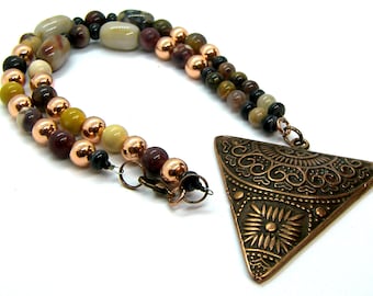 Copper Tribal Pendant Hand beaded Mookaite Jasper Ocean flower Jasper Necklace