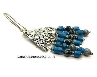 Long Blue Black White Chandelier Beaded Earrings on Silver triangles spirals