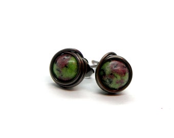 Ruby Zoisite wire wrapped Stud Earrings, copper earrings, wired stones, wrapped stone, gift for them, oxidized black copper, green red