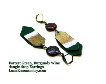 Green Leather Arrows Burgundy Coin Fresh water pearls drop dangle Earrings