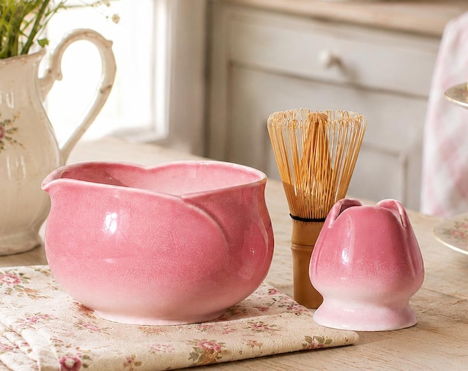 Pink Flower Matcha Bowl Set, Handmade Ceramic Chawan, Tea Ceremony Gift