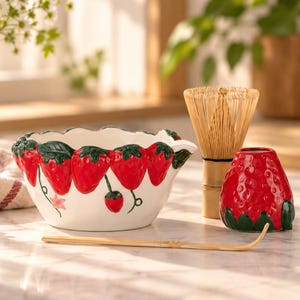 Pode incluir: Uma tigela de cerâmica branca com borda recortada decorada com morangos vermelhos e folhas verdes, um batedor de matcha de bambu, um suporte de cerâmica para batedor em forma de morango vermelho e uma colher de bambu, com dois morangos frescos.