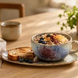 Puede incluir: Un cuenco de cerámica con asa y un plato ovalado a juego con un esmalte moteado en azul y crema. El cuenco está lleno de avena cubierta con arándanos frescos, rodajas de manzana y nueces, acompañado de una rebanada de pan tostado.