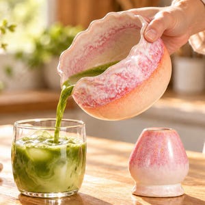 May include: A ceramic matcha bowl with a pink and white gradient glaze is pouring green tea into a clear glass filled with ice. A matching pink and white ceramic whisk holder and a bamboo whisk rest on the wooden surface nearby.