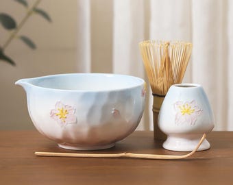Handpainted Exquisite Pink Sakura Embossed Pattern Matcha Bowl Set of 4 Tea Ceremony Set Cherry Blossom Gift for Her