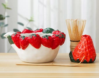 Set di 4 ciotole per il tè Matcha alla fragola in rilievo rosso, fatte a mano, con porta frusta per fragole, regalo Matcha per lei