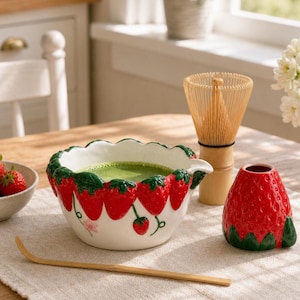 Erdbeer Matcha Schalen Set, handgemachte Keramik Matcha Set, geprägte Erdbeer Teeschale, niedliches Matcha Geschenk für Sie