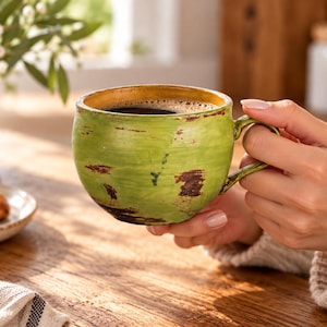 Peut inclure: Une tasse en céramique ronde avec une finition vert clair vieillie et des accents brun foncé. La tasse présente une anse incurvée et contient un liquide sombre. Le bord intérieur est d'une couleur beige chaud contrastant avec l'extérieur.