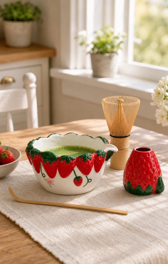 Erdbeer Matcha Schalen Set, handgemachte Keramik Matcha Set, geprägte Erdbeer Teeschale, niedliches Matcha Geschenk für Sie