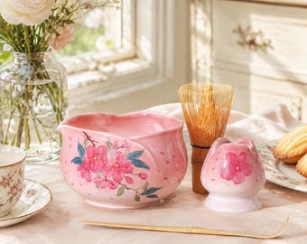 Set da 4 tazze da tè matcha in ceramica autentica con fiori di ciliegio rosa dipinti a mano, regalo matcha per lei, regalo per innamorati, anniversario.