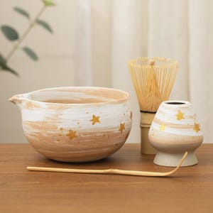 Handpainted Starry Sky Matcha Bowl Set: Exquisite Yellow Stars