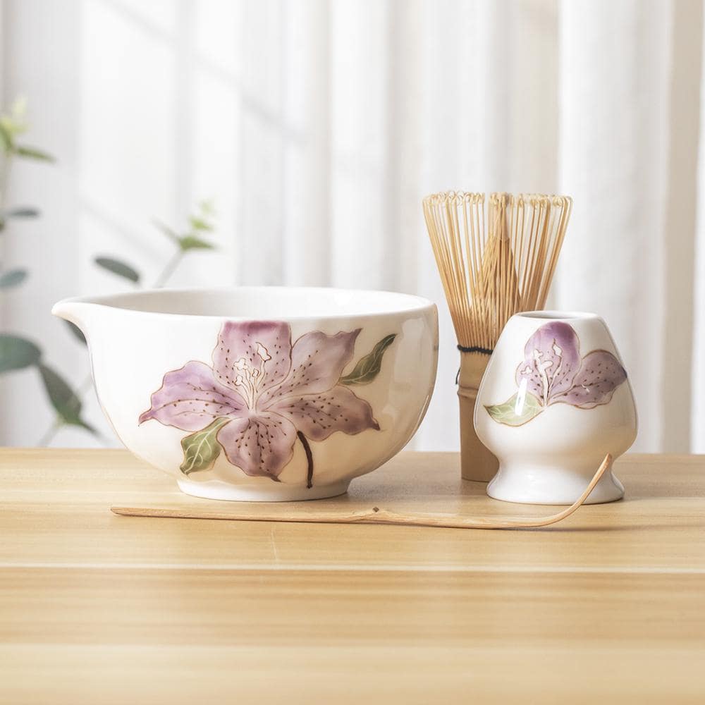 Handpainted Purple Lily Matcha Bowl Set: Tea Ceremony Gift