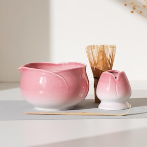 Handmade Pink Flower Matcha Tea Ceremony Set: Bowl, Whisk, Stand