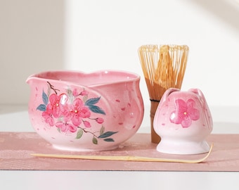 Hand-painted Pink Cherry Blossom Matcha Tea Ceremony Set of 4, Matcha Gift for Her