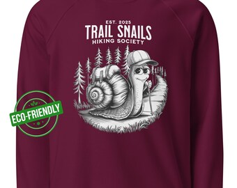 Milieuvriendelijke raglan-sweater: Trail Snails Hiking Society, perfect cadeau voor wandelaars en avonturiers