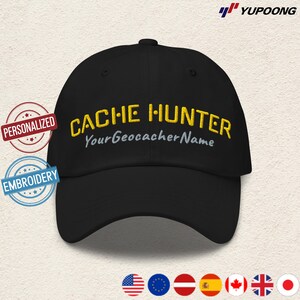 Personalized Cache Hunter Dad Hat, Custom Embroidered Cap for Geocaching Enthusiasts, Great Gift Idea for Geocachers. Design CAA4