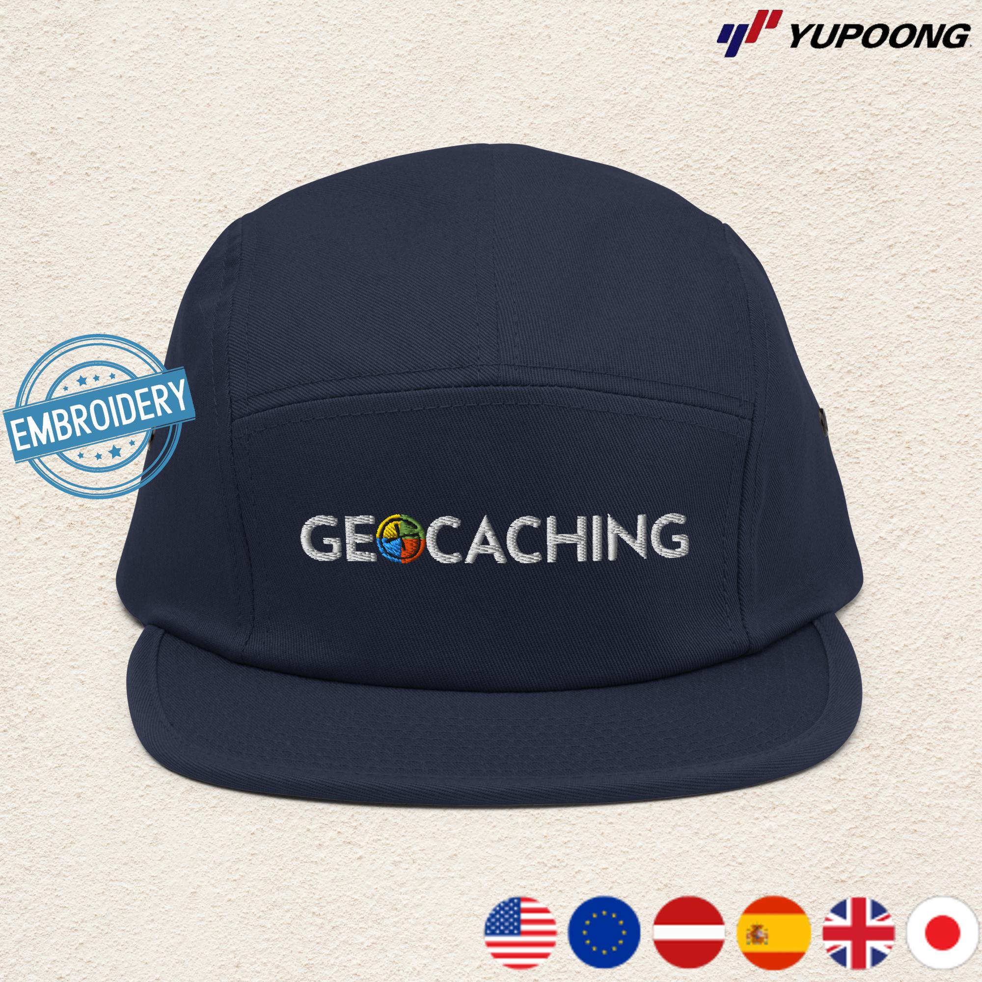 Geocaching 5-panel Camper Cap: Minimalist Outdoor Embroidered Cap, Adventure Headwear Gift for Geocachers. Design CAA1
