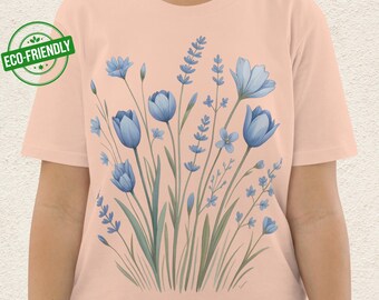 Organic Blue Flower Shirt Retro Boho Vintage Floral Tee Sustainable Cotton Casual Top. Design TWA1