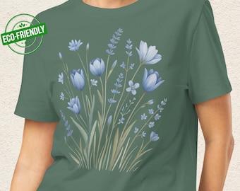Organic Women’s Retro Blue Flowers Shirt - Eco-Friendly Floral Tee, Soft Comfortable Casual Top, Sustainable Fashion Gift. Design TWA1