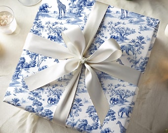 Blue and White Toile Wrapping Paper: Elegant Animal Print, Baby Shower Gift Wrap