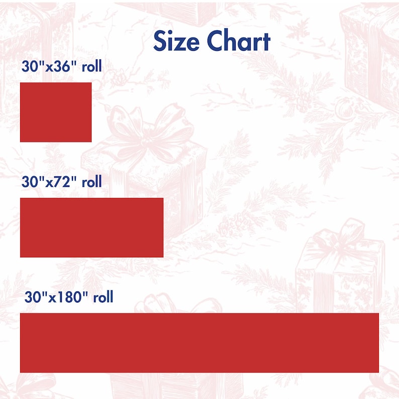 May include: A size chart displays three red rectangular rolls. The sizes are 30"x36", 30"x72", and 30"x180". The text "Size Chart" is at the top in blue. The background has a pattern of gift boxes.
