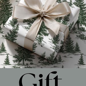 May include: Gift wrap with a white background and a repeating pattern of green pine trees. The wrapped gift is tied with a silver ribbon. The word "HOLIDAY" is displayed in large black letters.
