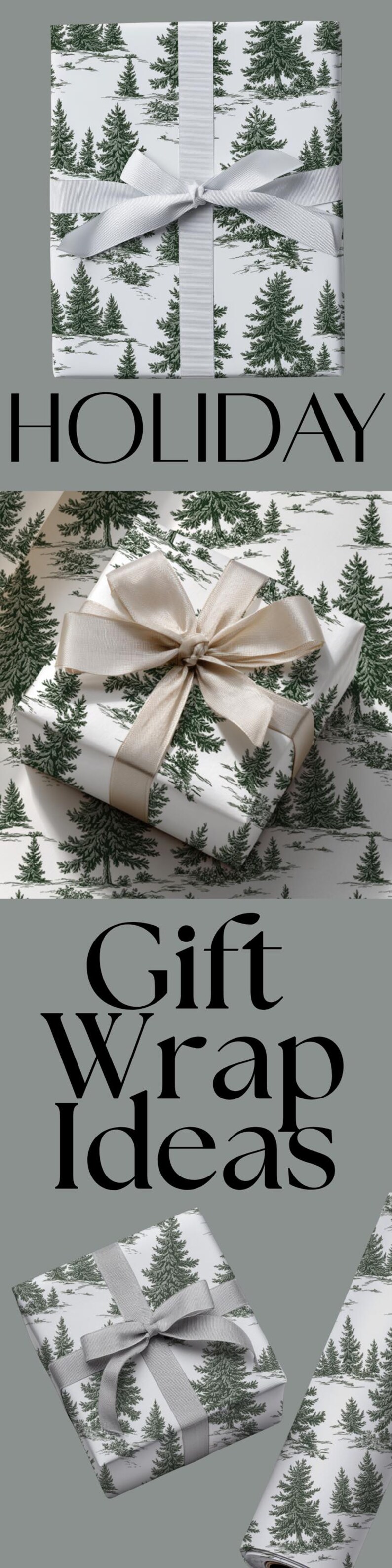May include: Gift wrap with a white background and a repeating pattern of green pine trees. The wrapped gift is tied with a silver ribbon. The word "HOLIDAY" is displayed in large black letters.