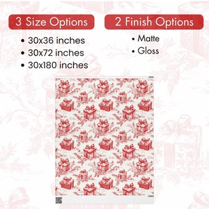 May include: A white blanket with a repeating red pattern of gift boxes and foliage. The image includes text indicating three size options: 30x36 inches, 30x72 inches, and 30x180 inches. Two finish options are available: matte and gloss.