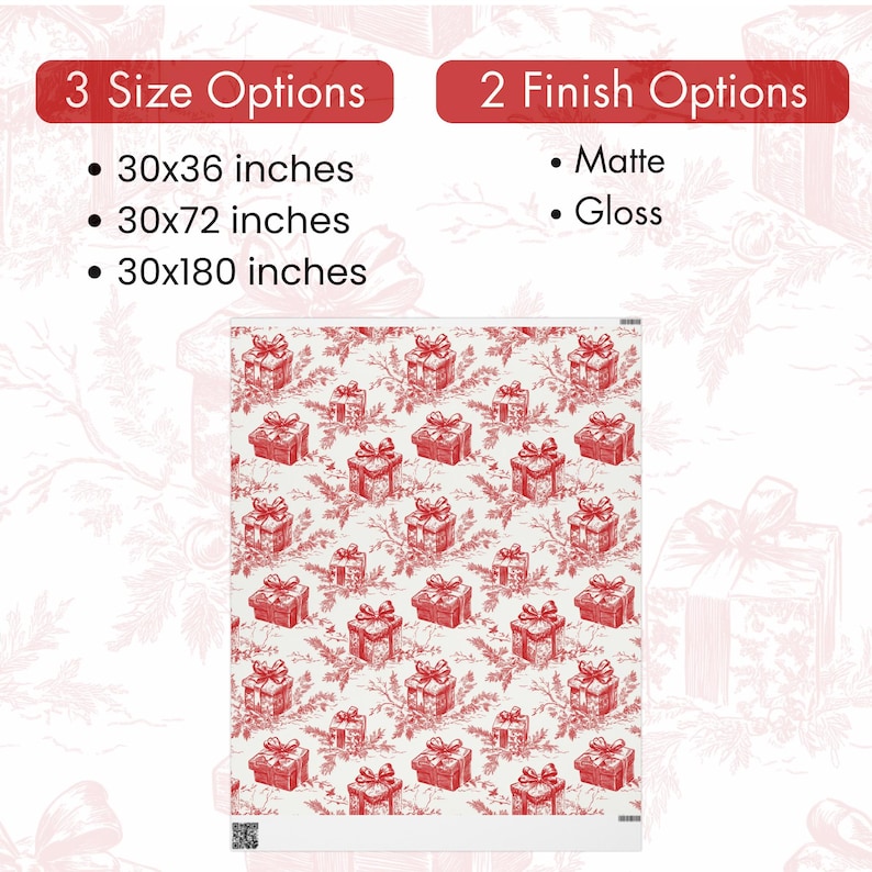 May include: A white blanket with a repeating red pattern of gift boxes and foliage. The image includes text indicating three size options: 30x36 inches, 30x72 inches, and 30x180 inches. Two finish options are available: matte and gloss.
