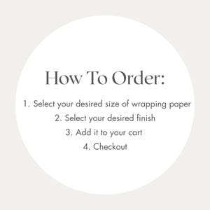 May include: A white circular graphic with the text "How To Order:" followed by numbered steps: select size, select finish, add to cart, and checkout. The text is in a dark gray serif font.