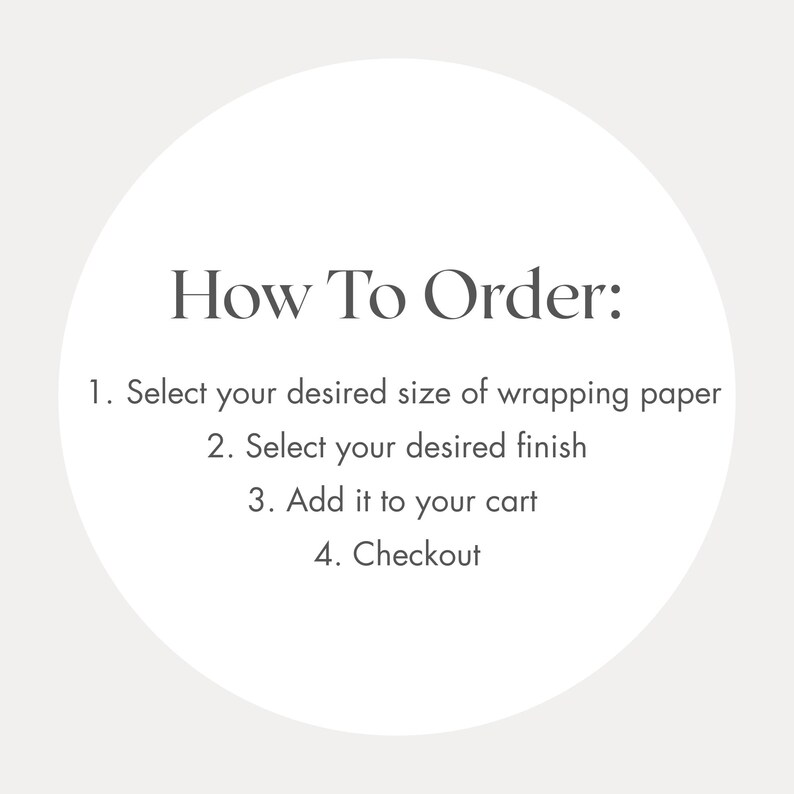 May include: A white circular graphic with the text "How To Order:" followed by numbered steps: select size, select finish, add to cart, and checkout. The text is in a dark gray serif font.