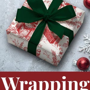 May include: Gift-wrapped presents with red and green bows. The wrapping paper features a red toile pattern on a white background. The image also includes red ornaments and a snowflake.