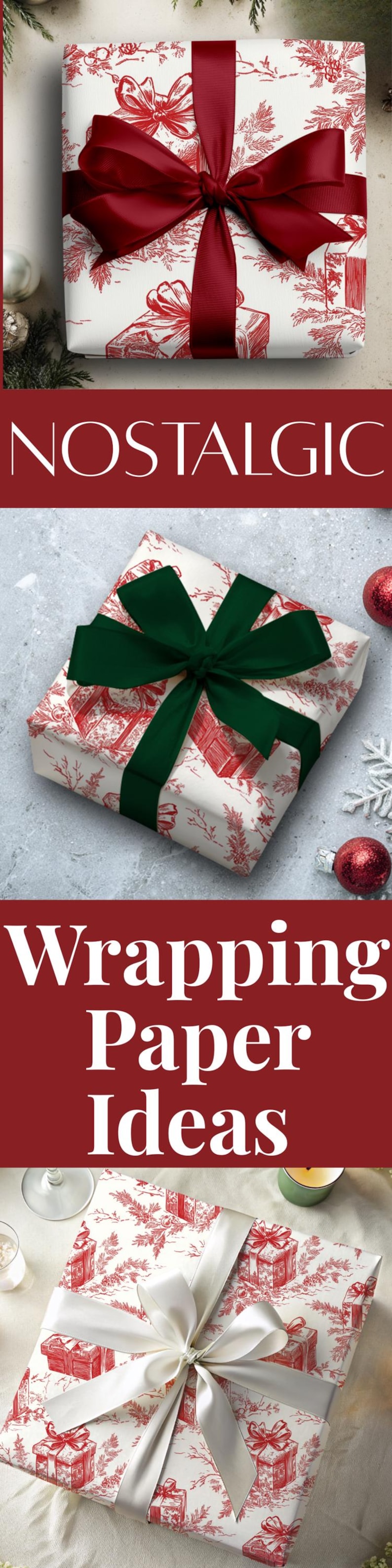 May include: Gift-wrapped presents with red and green bows. The wrapping paper features a red toile pattern on a white background. The image also includes red ornaments and a snowflake.