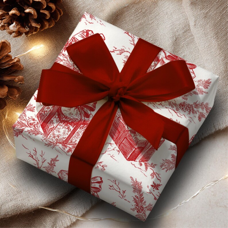Christmas Wrapping Paper Roll Red and Cream Toile PatternVintage Inspired Design Classic Holiday Gift Wrap Elegant Fine Art Paper Beautiful Present Packaging Traditional Winter Collection Premium Quality Perfect Gift for Her