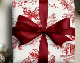 Christmas Wrapping Paper Roll Red and Cream Vintage Inspired Pattern Gift Wrap Holiday Present Toile Wrapping Paper Winter Gift For Her
