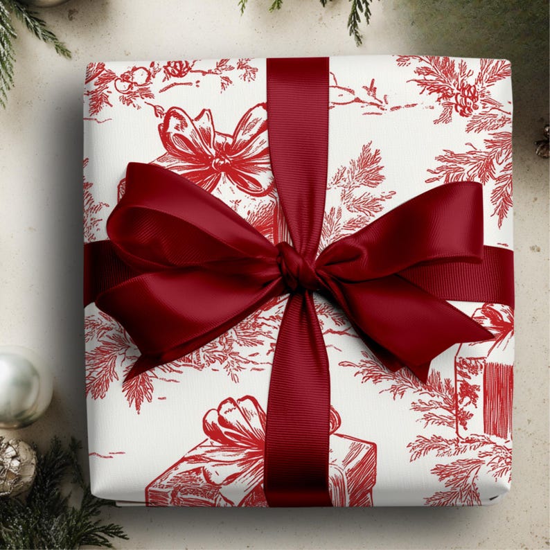 Vintage Inspired Christmas Wrapping Paper Roll Red and Cream Toile Pattern Elegant Holiday Gift Wrap Classic Winter Design Premium Quality Paper Fine Art Finish Beautiful Seasonal Packaging Perfect Gift for Her Traditional Style