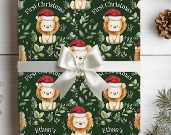 Custom Christmas Lion Wrapping Paper Gift Wrap Babys First Christmas Present Idea Safari Theme Luxury Roll Matte Finish Lion Santa Hat