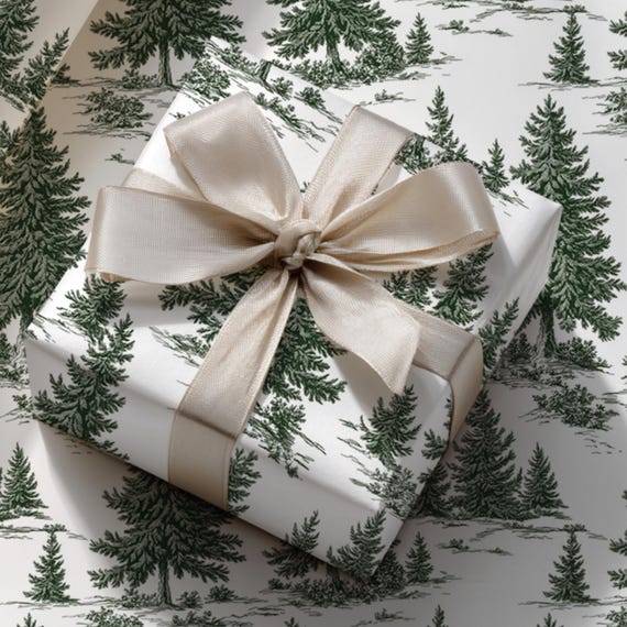 Forest Green Christmas Tree Wrapping Paper: Nordic Winter Pine Design