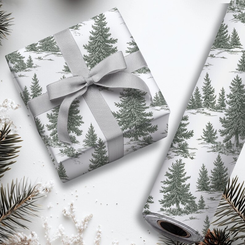 Winter Wrapping Paper with Forest Green Christmas Trees Gift Wrap Roll Nordic Winter Theme Beautiful Pine Tree Design Nature Print Pattern Fine Art Material Elegant Style Multiple Sizes Perfect Present Packaging Modern Collection