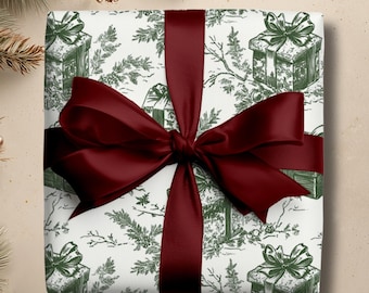 Christmas Wrapping Paper Roll Green and Cream Vintage Inspired Pattern Gift Wrap Holiday Present Toile Wrapping Paper Winter Gift For Her