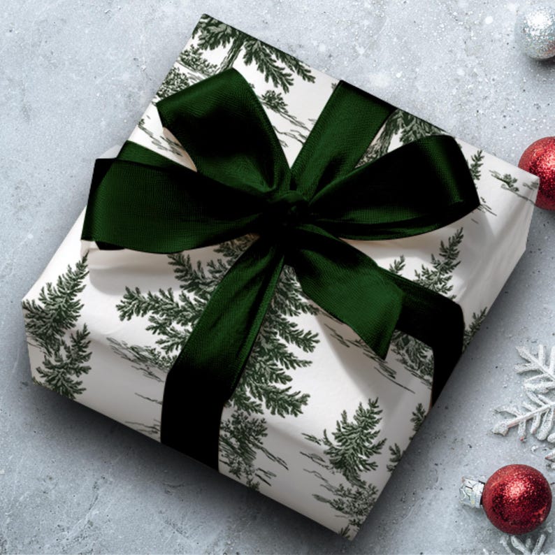 Winter Wrapping Paper Forest Green Design Nordic Style Collection Christmas Trees Pattern Pine Tree Print Nature Inspired Holiday Green Gift Wrap Fine Art Material Multiple Size Options Perfect Present Packaging Beautiful Modern Design