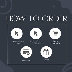May include: A graphic with the text "HOW TO ORDER" and five steps: "Choose your size," "Choose your finish," "Add to your cart," "checkout," and "enjoy!" Each step is represented by a white icon on a dark background.