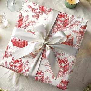 Elegant Red and Cream Vintage Style Toile Wrapping Paper Roll Classic Christmas Gift Wrap Holiday Present Packaging Fine Art Paper Material Premium Quality Beautiful Seasonal Collection Perfect Winter Gift for Him