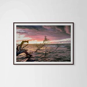 Stampa artistica di fotografia di tramonto di legno galleggiante di Big Island Hawaii, paesaggio costiero, decorazione da parete dell'alba sull'oceano, scena di spiaggia con cielo drammatico